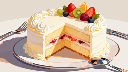 Delicious cream cake, cartoon hand-drawn vector illustrations