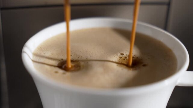 Twin espresso streams land in a white cup as thick crema forms. Smooth extraction with golden ribbons.