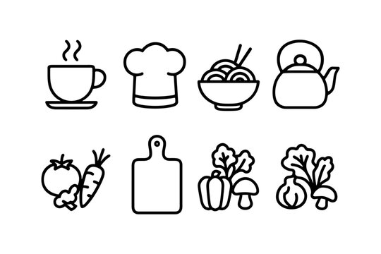 Simple culinary icons: minimalist cooking, tea, vegetables, and utensils