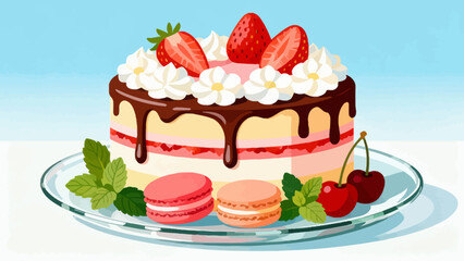 Delicious cream cake, cartoon hand-drawn vector illustrations