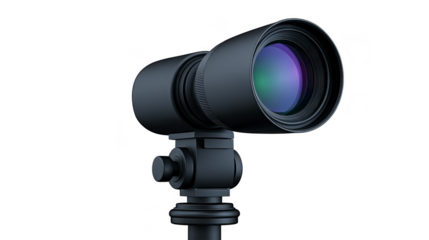 Black camera lens on tripod professional photography equipment close up isolated on transparency background modern design studio gear technology detailed sharp focus