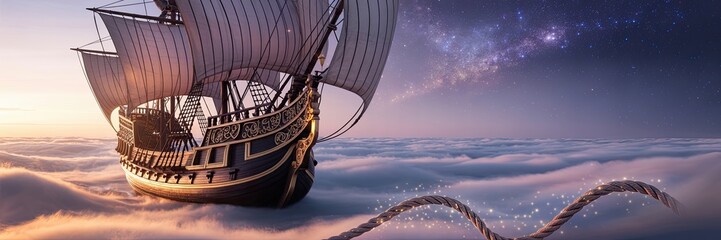 Naklejka premium Fantasy Pirate Ship Sailing Through Clouds with Giant Tentacle and Starry Night Sky in Surreal Dreamlike Digital Art