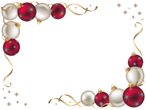Christmas ornaments frame with golden ribbon and stars isolated on transparent background