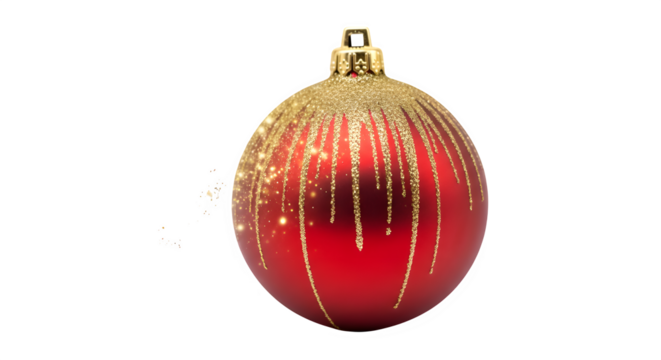 Festive red christmas ornament with golden glitter accents, isolated on transparent background, perfect for holiday cards, decorations, and adding a touch of sparkle to your seasonal designs