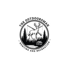 A vintage-style emblem featuring a majestic deer over crossed rifles and fishing rods, surrounded by a cabin and a pine forest, captures the classic spirit of hunting and recreation.