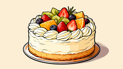 Delicious cream cake, cartoon hand-drawn vector illustrations