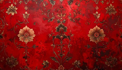 Elegant Blood Red Floral Chinoisserie Background.