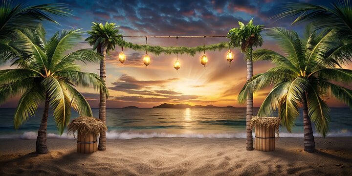 Tropical beach wedding archway with palm trees and sunset lights