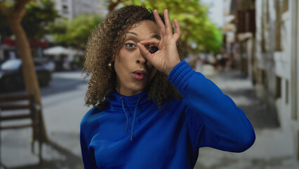 Woman in blue hoodie making ok sign with hand on street; approval positivity confidence empowerment.