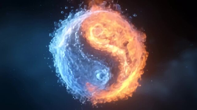 Water and fire collide in a dynamic yin yang symbol representing balance and harmony in nature