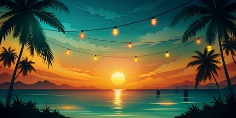 Tropical sunset paradise with palm trees and string lights