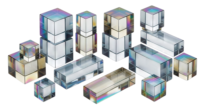 Geometric glass prisms reflecting light in various shapes and sizes.