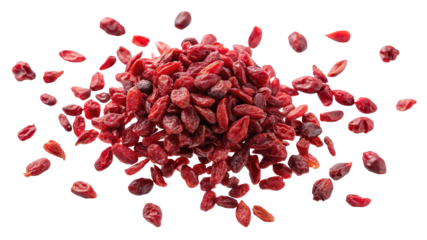 A vibrant pile of dried red barberries scattered and isolated on a transparent background for culinary use isolated on transparent background