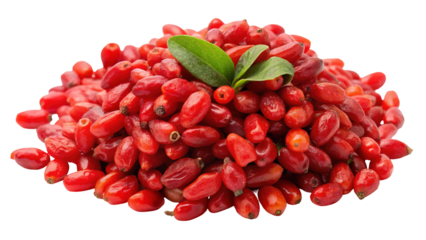 A vibrant pile of dried red goji berries with a few fresh green leaves on top isolated on transparent background