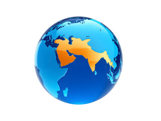 Fototapeta premium Middle East and South Asia highlighted on blue globe, showing countries in orange with glossy, modern style, representing geography, global connection, and international focus