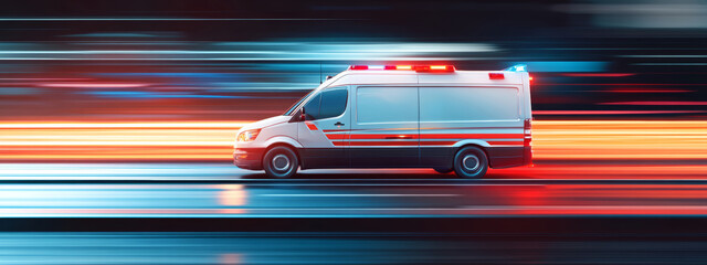 Obraz premium Ambulance speeding on a road with red and blue lights blurred creating a sense of urgency and motion