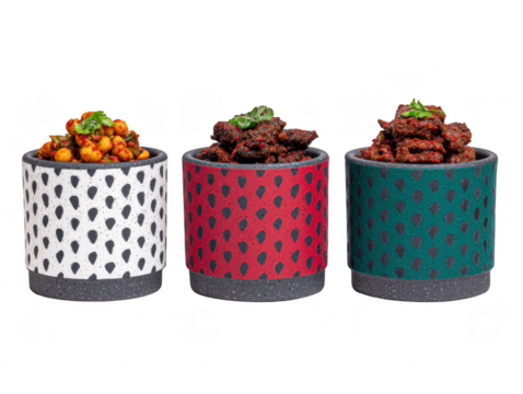 Spicy chickpea, marinated tofu, and grilled mushroom served in colorful ceramic bowls, isolated on transparency background, vibrant, appetizing, perfect for vegan cuisine concepts