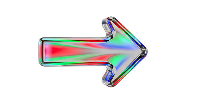 Colorful illuminated arrow pointing right direction on white background.
