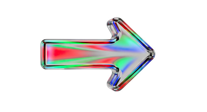 Colorful illuminated arrow pointing right direction on white background.