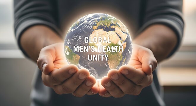 Hands Holding Globe Earth with Menâ€™s Health Unity Message in Modern Background