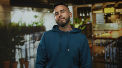 Fototapeta premium Man with exposed face and beard wearing teal hoodie standing with hands clasped in a restaurant building; confidence casual attitude.