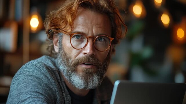 Man with glasses and red hair works on laptop in a cozy cafe during evening hours