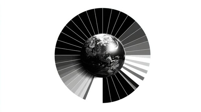 Black and white vector of a pie chart merging into a globe, white background. Represents global business, statistics, and economic data visualization.