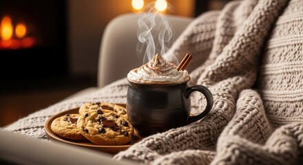 Cozy scene with cup of hot chocolate, whipped cream, cinnamon sticks and chocolate chip cookies