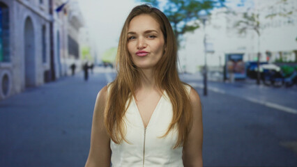 Woman pouts lips on city street with white top and long brown hair framing her face under daylight; playfulness.
