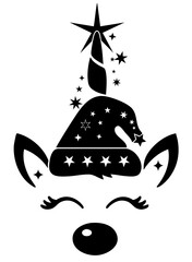 Christmas unicorn wearing Santa hat with star horn