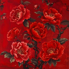 Elegant Blood Red Floral Chinoisserie Background.