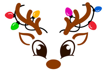 Rudolph face, reindeer with colorful Christmas lights on antlers