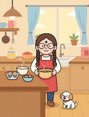 A happy girl with glasses and braids holds a bowl of freshly baked cookies in her cozy kitchen, with her small white puppy sitting beside her — warm, inviting, and perfect for themes of home 