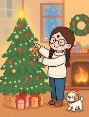 A happy girl with glasses and braids decorates a glowing Christmas tree, with a small puppy wearing a Santa hat at her feet — cozy, festive, and perfect for holiday cheer.