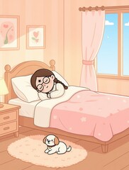 A young girl with glasses sleeps peacefully in her cozy pink bedroom, while a small white puppy rests on a rug nearby — serene, sweet, and perfect for themes of comfort and childhood.