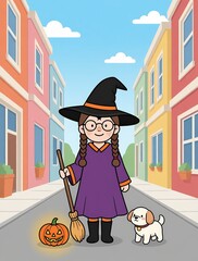A cheerful cartoon witch in a purple dress and black hat stands on a sunny street with her small white dog, holding a broom and a glowing jack-o'-lantern — playful, festive, and perfect for Halloween.
