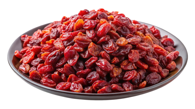 A bowl overflowing with dried red berries showcasing their rich texture and vibrant color isolated on transparent background