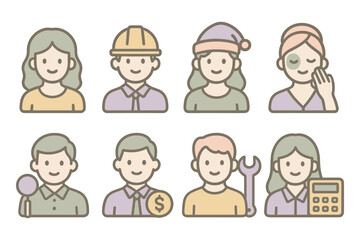 Cute character icons with various professions and activities in pastel colors