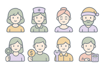 Fototapeta premium Charming pastel avatar collection featuring diverse occupations