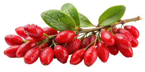 A vibrant cluster of ripe red goji berries with green leaves on a branch isolated on transparent background