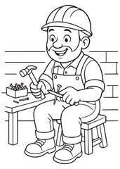 coloring book father hammering nails at wooden bench
