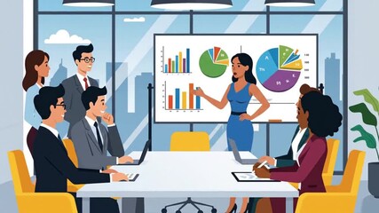 Diverse business professionals in a modern office meeting presenting financial data charts and - Powered by Adobe
