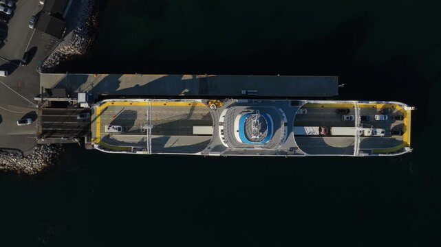 Top-down shot of ferry being loaded with cars at coastal Norway port