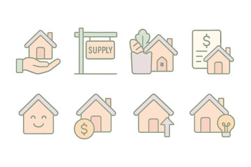 Fototapeta premium Line art real estate set with house icons and economic symbols in pastel colors