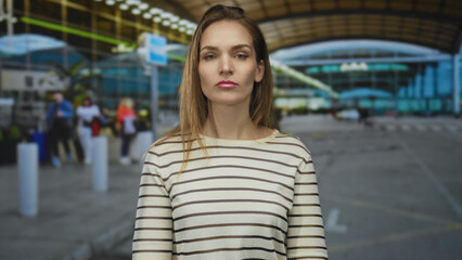 Woman face looks ahead at busy airport terminal entrance wearing striped sweater; serenity patience.