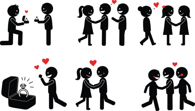 Romantic stick figure illustration, love couple artwork, proposal vector design, relationship silhouettes, heart symbol drawing, affectionate cartoon characters, wedding engagement icon