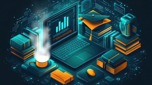 Visual representation of a modern study workspace with laptop, books, and educational tools set in a vibrant digital environment