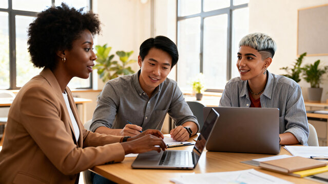 A diverse team collaborating in a modern office during a business meeting with laptops
