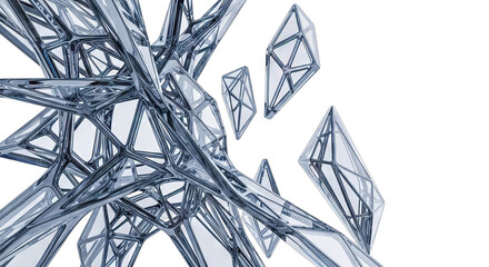Abstract geometric glass structure with interconnected triangular facets.