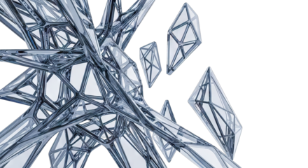 Abstract geometric glass structure with interconnected triangular facets.